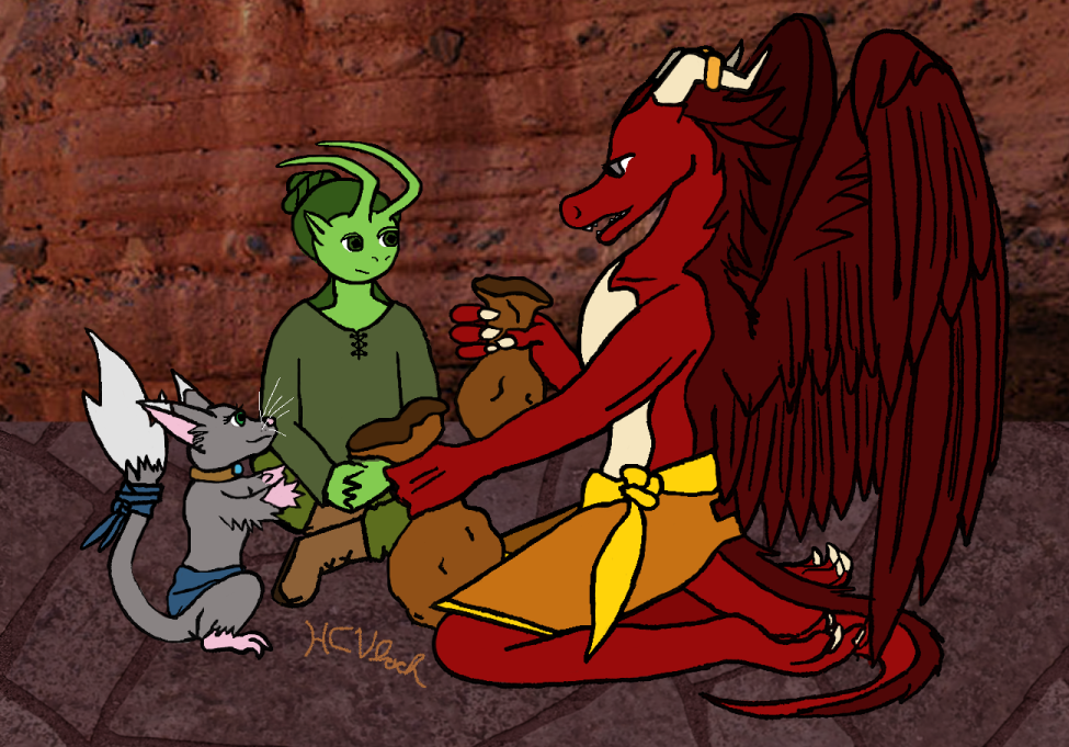 Digital art scene of the three Aligare peoplekinds. They sit together in a rock-textured space, exchanging sacks of supplies.