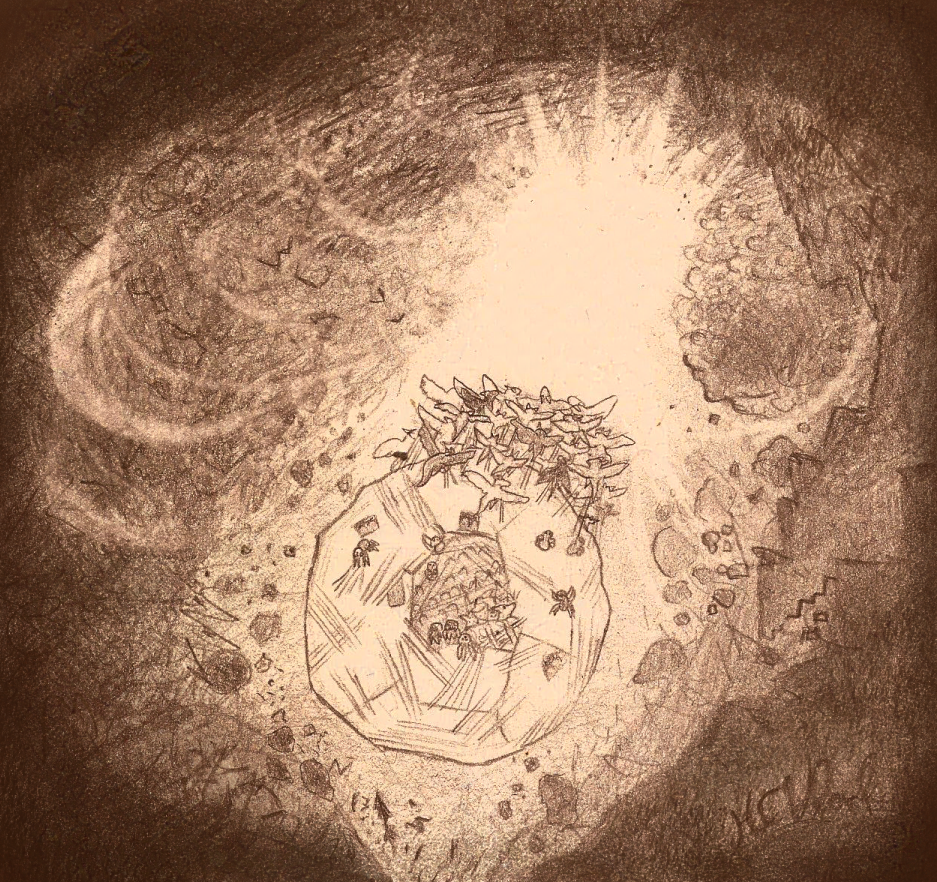 Sketchy graphite drawing of many dragons in flight, pulling a huge round vessel through space. Scribbly, crumbling masses encroach from all around.